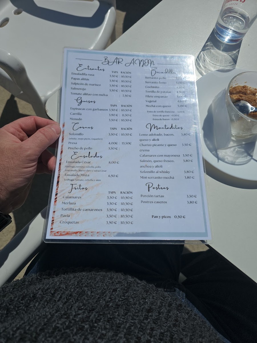 Bar restaurante Venta Baldomera menu