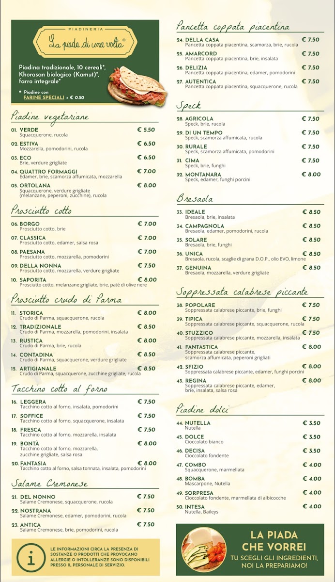 La piada di una volta menu